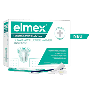Verpackung von elmex Sensitive Professional Duraphat Fluoride Varnish Single Dose, Fluoridlack für schmerzempfindliche Zähne in Einzeldosis-Applikatoren.