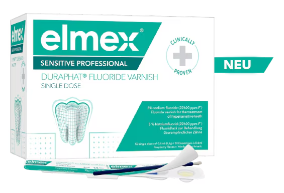 Verpackung von elmex Sensitive Professional Duraphat Fluoride Varnish Single Dose, Fluoridlack für schmerzempfindliche Zähne in Einzeldosis-Applikatoren.