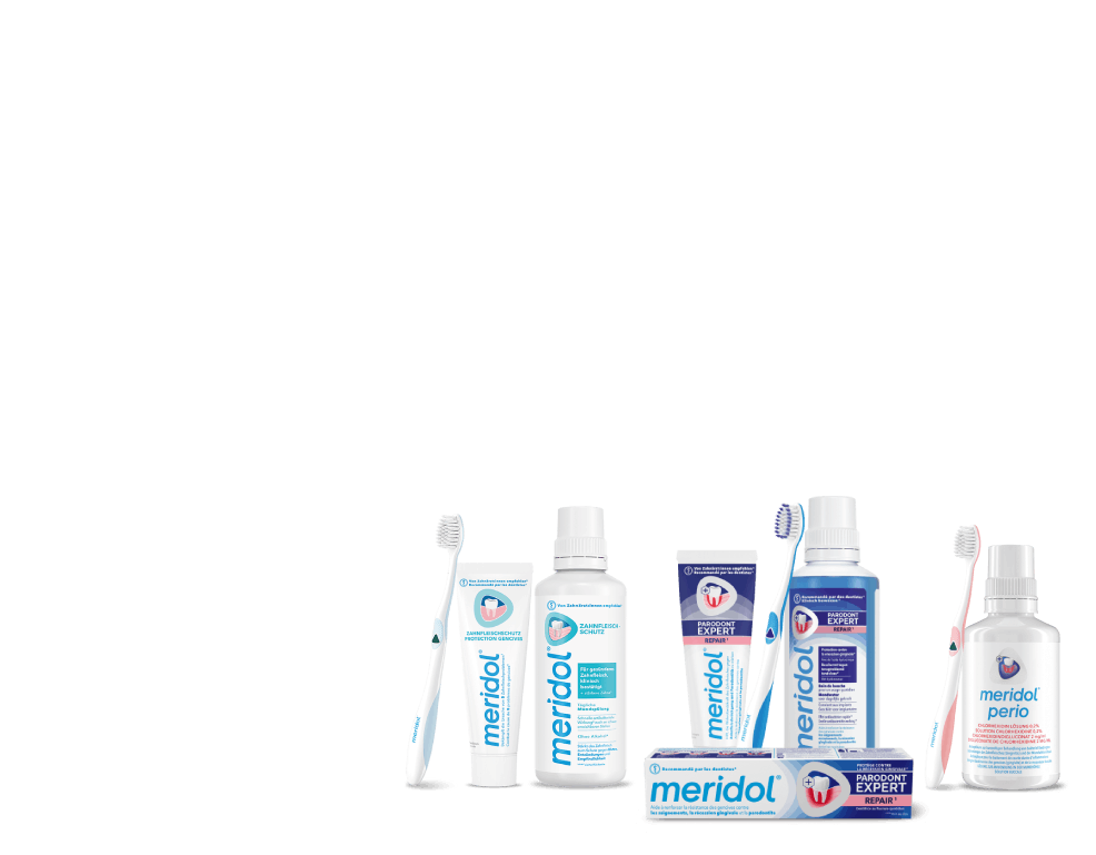 Meridol Zahnpflege-Set: Zahnbürsten, Zahnpasta und Mundspülungen für Zahnfleischschutz, Parodont Expert und Meridol Med CHX 0,2 % Antiseptikum.
