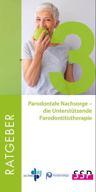 Cover Ratgeber 3: Parodontale Nachsorge; Person mit grünem Apfel.