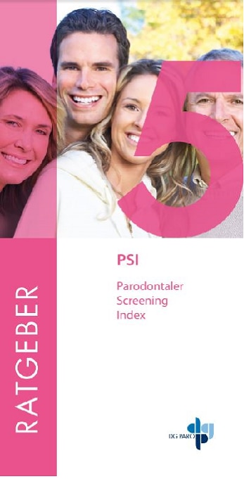 Ratgeber‑Cover 5: PSI – Parodontaler Screening Index; lächelnde Personen.