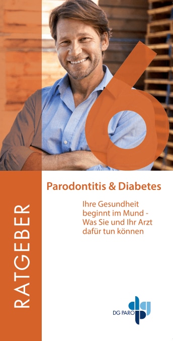 Ratgeber‑Cover 6: Parodontitis & Diabetes; lächelnde Person