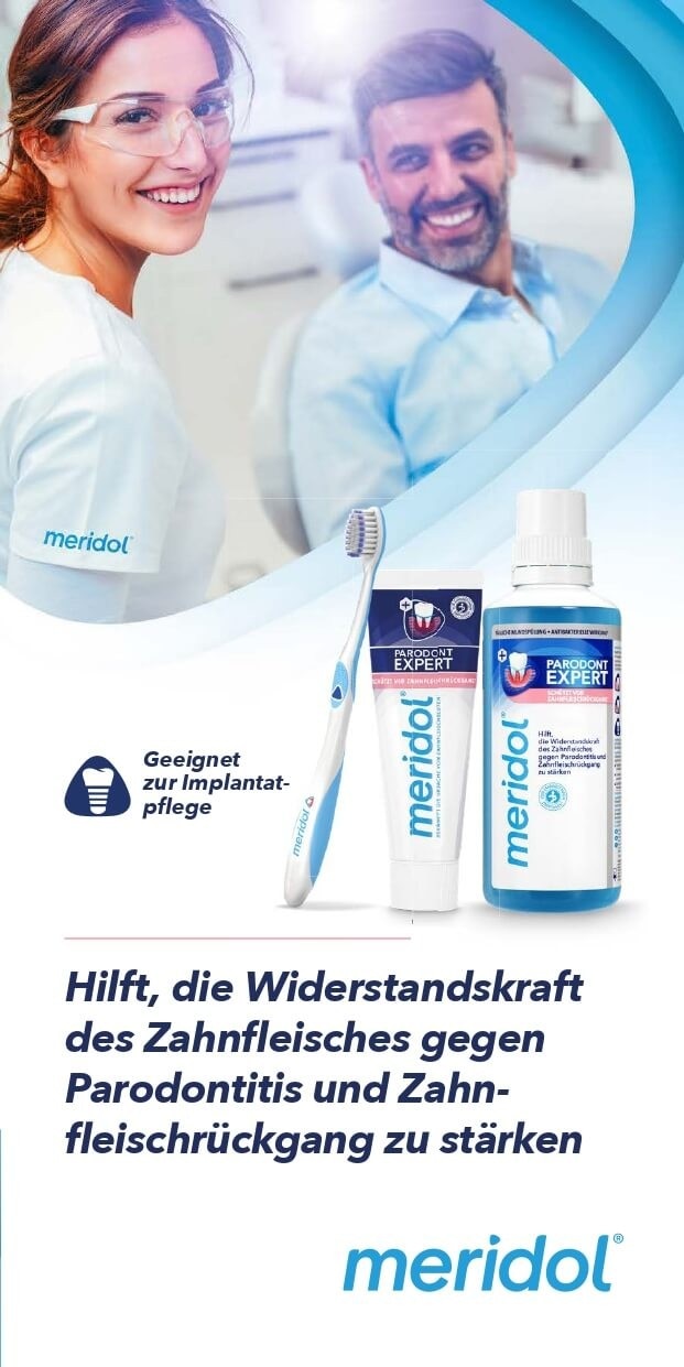 Meridol Parodont-Expert: Zahnbürste, Zahnpasta und Mundspülung; Zahnärztin und Patient im Hintergrund.