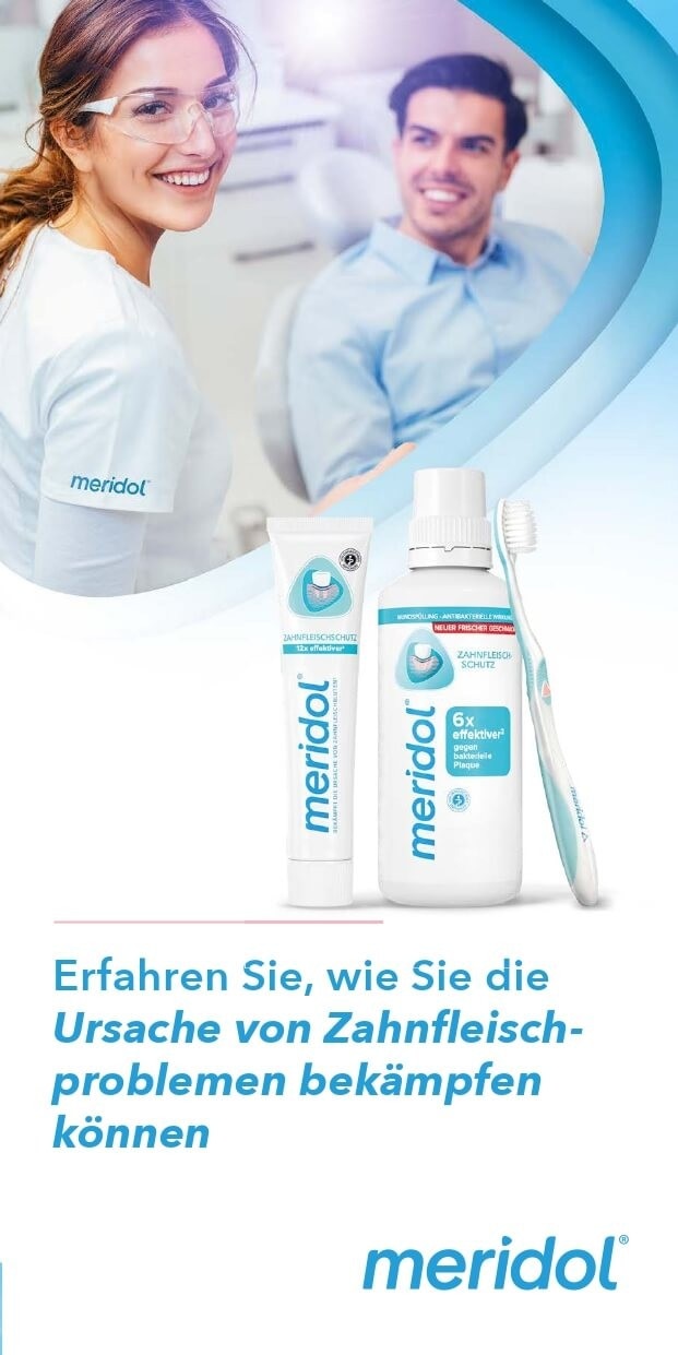 Meridol Zahnpflege-Produkte gegen Zahnfleischprobleme, mit Zahnärztin und Patient im Hintergrund.