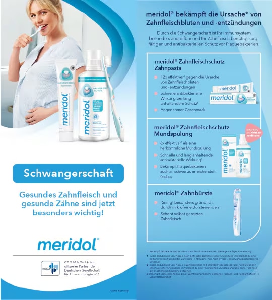 Schwangerschafts-Anzeige für meridol: Schwangere Frau putzt Zähne; meridol Zahnpasta, Mundspülung und Zahnbürste.