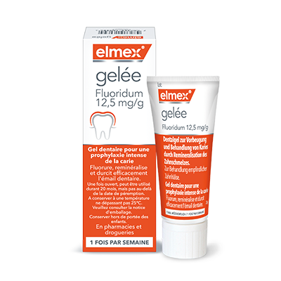Elmex gelée, tube de 25 g et boîte, gel dentaire à 1,25 % pour la prévention des caries et la reminéralisation de l'émail, à utiliser une fois par semaine.