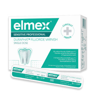 Conditionnement d'elmex Sensitive Professional Duraphat Fluoride Varnish Single Dose, un vernis fluoré pour dents sensibles, en applicateurs à dose unique.