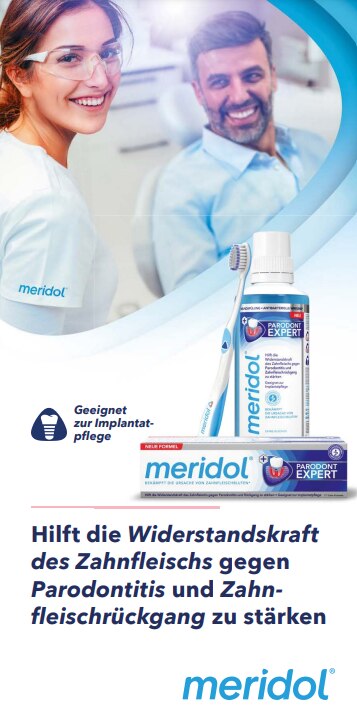Meridol Parodont-Expert : brosse à dents, dentifrice et bain de bouche ; une dentiste et un patient en arrière-plan.