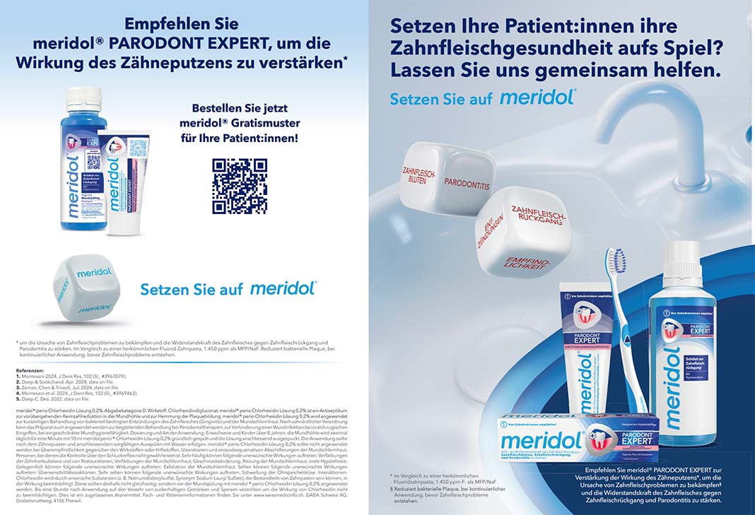 Affiche : meridol CHX 0,2 % contre les bactéries de la plaque dentaire, brosse à dents spéciale et dentifrice/bain de bouche PARODONT EXPERT pour le soin des gencives.