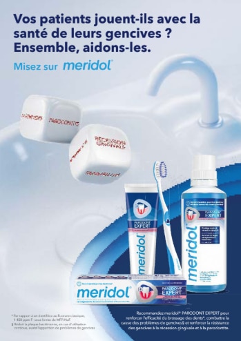 Produits de soins dentaires Meridol contre les problèmes de gencives, avec une dentiste et un patient en arrière-plan